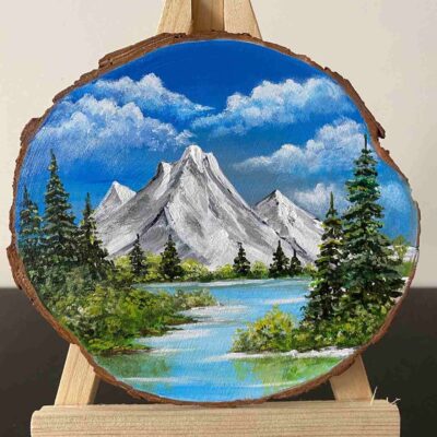 Miniature Acrylic Painting on a wooden slice - Mountainscape