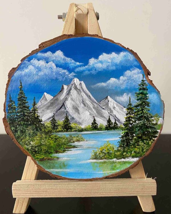 Miniature Acrylic Painting on a wooden slice - Mountainscape