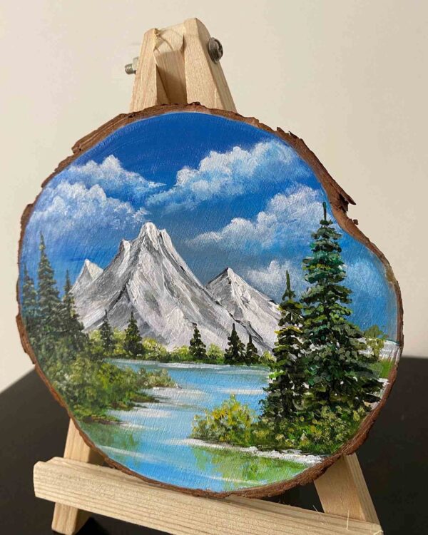 Miniature Acrylic Painting on a wooden slice - Mountainscape