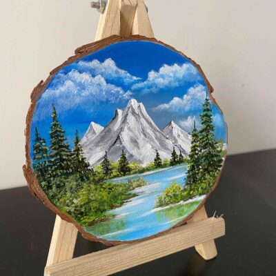 Miniature Acrylic Painting on a wooden slice - Mountainscape