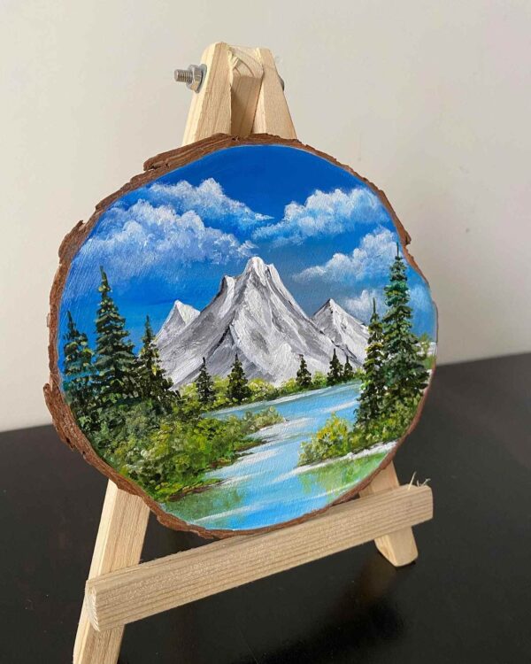 Miniature Acrylic Painting on a wooden slice - Mountainscape