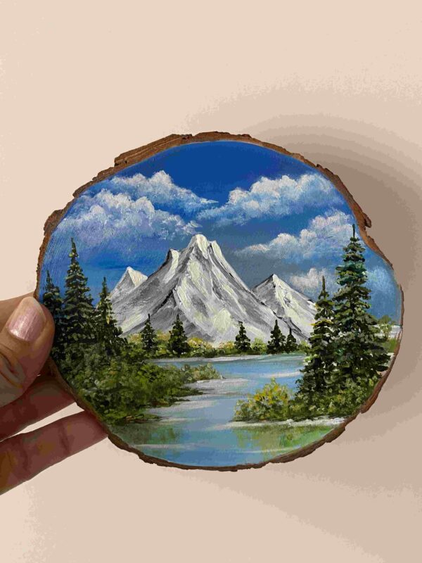 Miniature Acrylic Painting on a wooden slice - Mountainscape