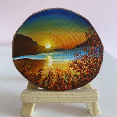 Miniature Acrylic Painting on a wooden slice - Sunset