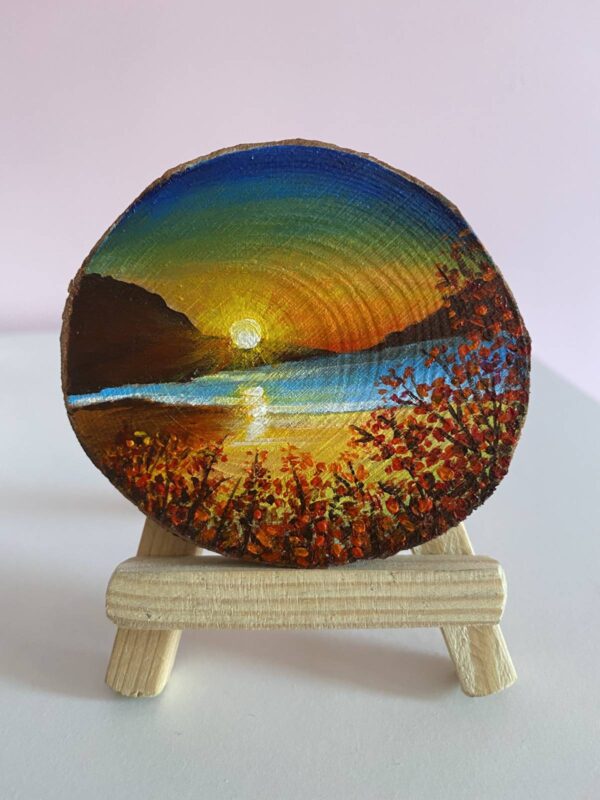 Miniature Acrylic Painting on a wooden slice - Sunset