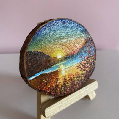 Miniature Acrylic Painting on a wooden slice - Sunset