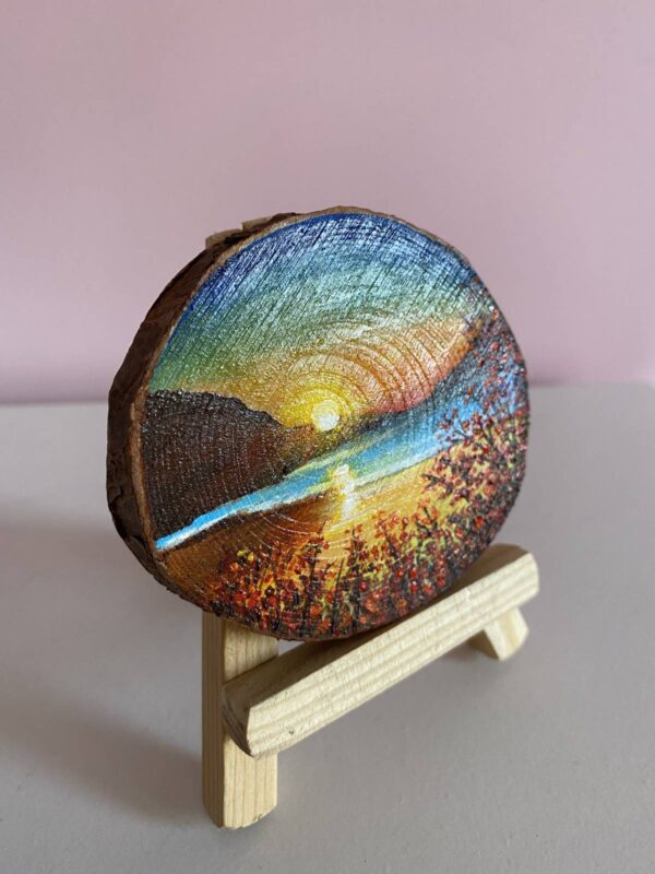 Miniature Acrylic Painting on a wooden slice - Sunset