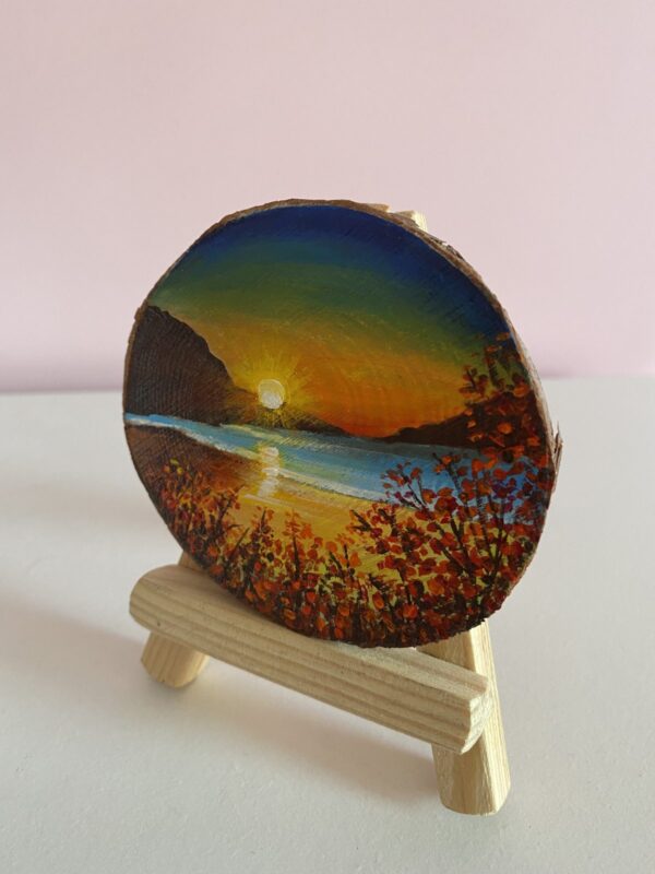 Miniature Acrylic Painting on a wooden slice - Sunset