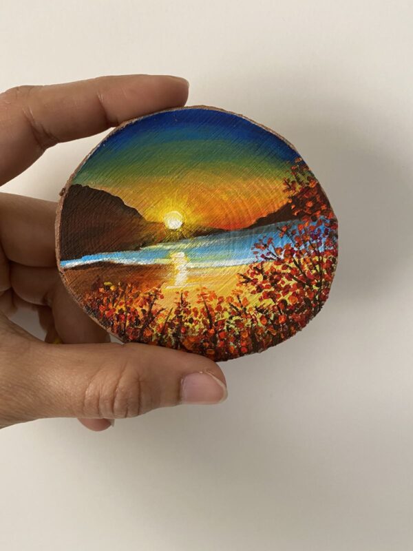 Miniature Acrylic Painting on a wooden slice - Sunset