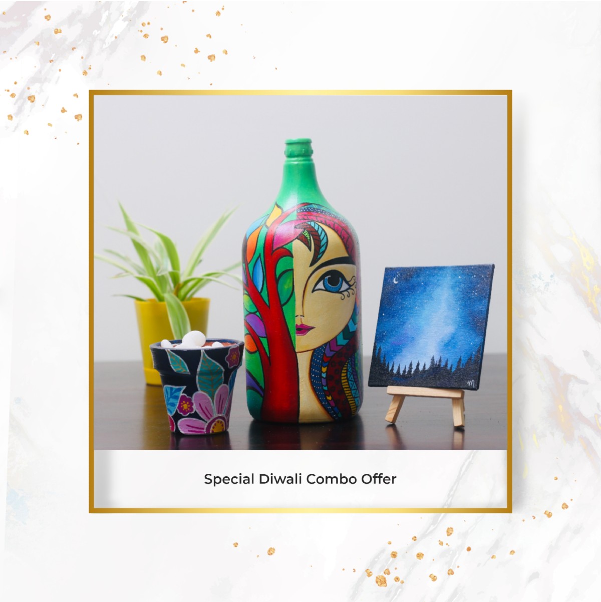 Diwali Combo 2: Bottle vase + Mini canvas painting + Terracotta ...