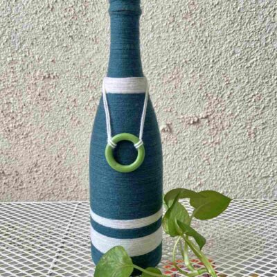 Hand-crafted-yarn-bottle-vase-blue-white