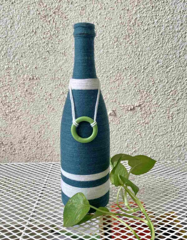 Hand-crafted-yarn-bottle-vase-blue-white