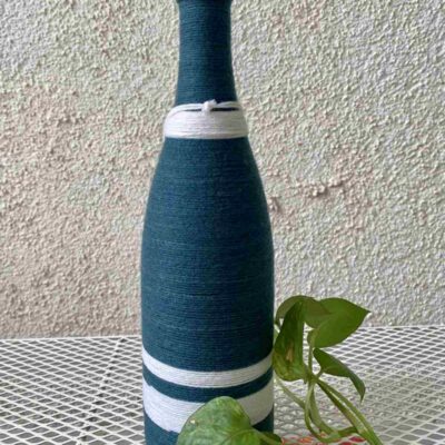 Hand-crafted-yarn-bottle-vase-blue-white