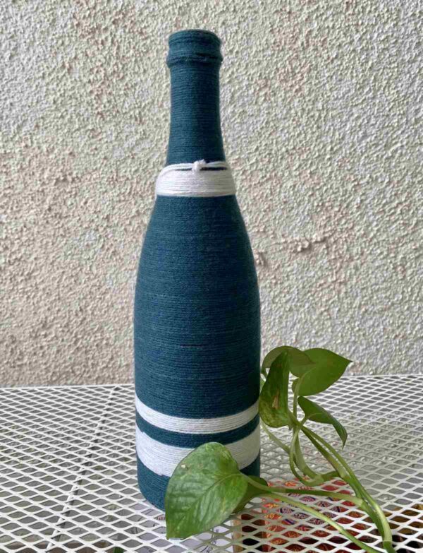 Hand-crafted-yarn-bottle-vase-blue-white