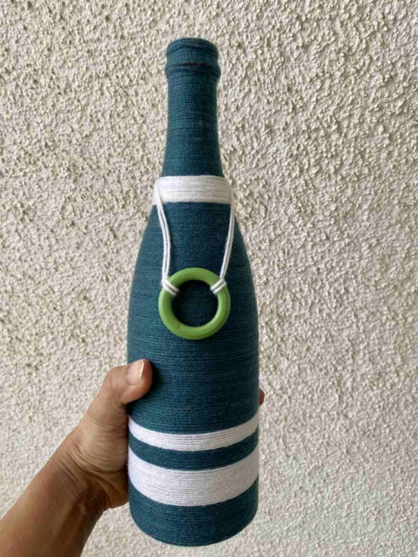 Hand-crafted-yarn-bottle-vase-blue-white