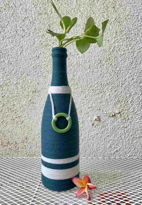 Hand-crafted-yarn-bottle-vase-blue-white