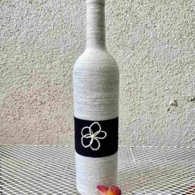 Hand-crafted-yarn-bottle-vase-white-black