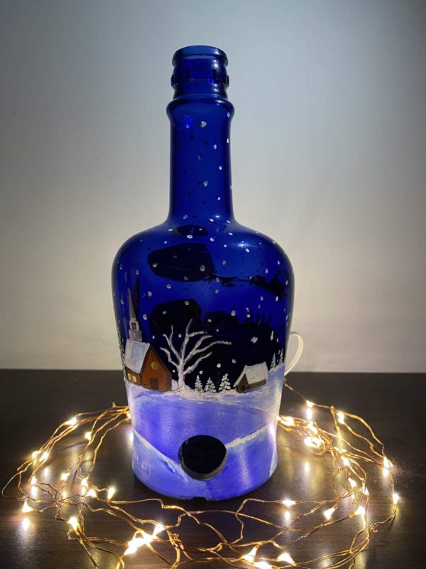 Hand Painted Xmas Bottle Lamp - Snowy Xmas