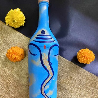 Hand painted Ganesha Bottle - Blue with Gold leaf