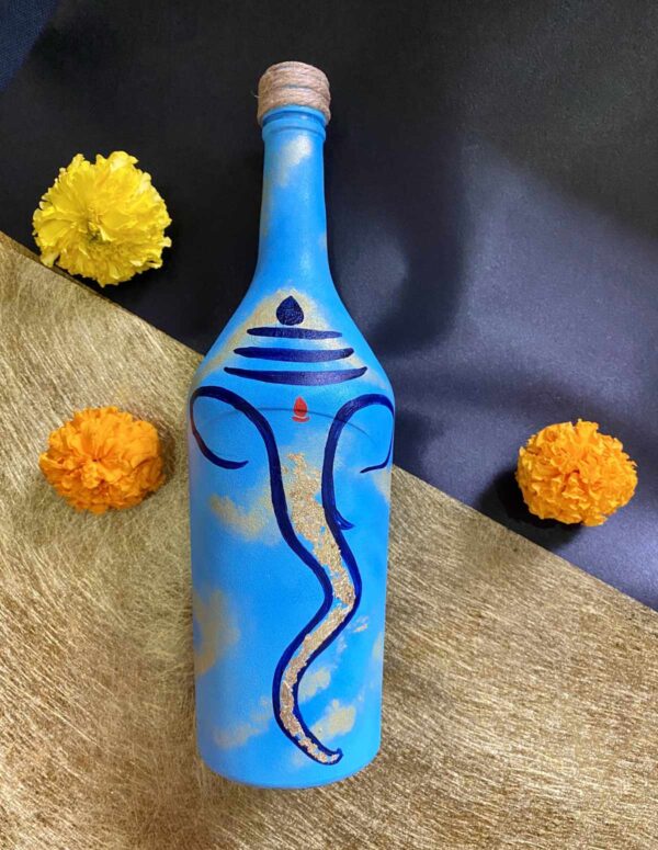 Hand painted Ganesha Bottle - Blue with Gold leaf