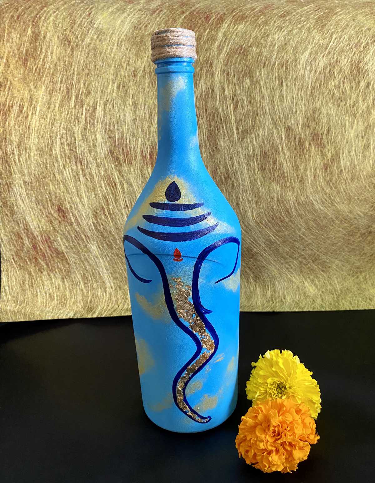 Hand painted Ganesha Bottle - Blue with Gold leaf | imagicArt