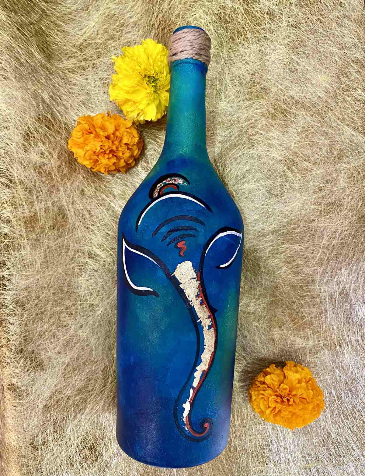 Hand painted Ganesha Bottle - Sea Green with Gold leaf | imagicArt