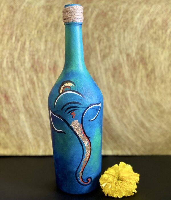 Hand painted Ganesha Bottle - Sea Green with Gold leaf