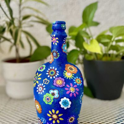 Hand-painted-glass-bottle-blue-flowers