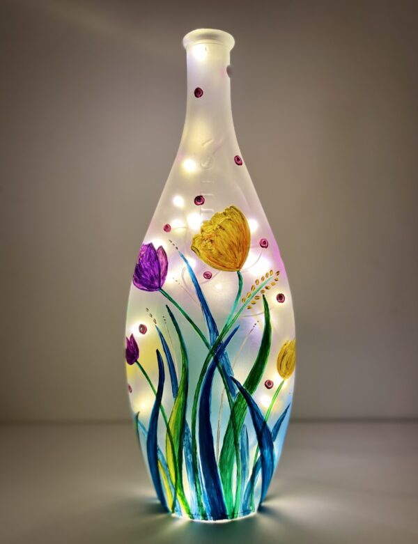 Hand Painted Glass Bottle Floral Lamp
