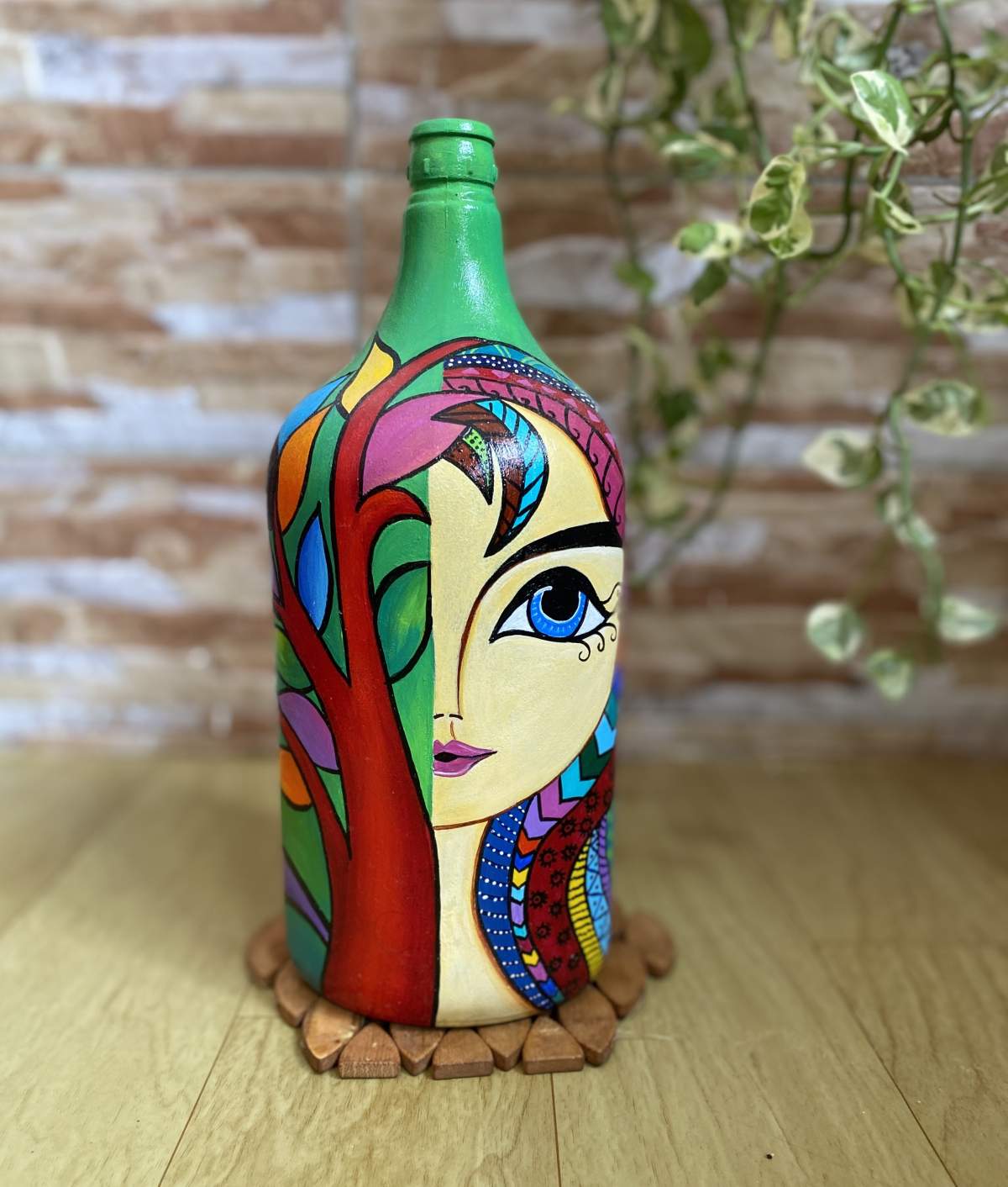 Hand Painted Glass Bottle Vase - Radiant Girl | imagicArt