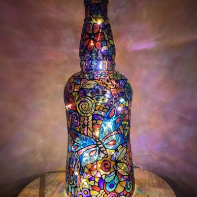 Hand-painted-glass-bottle-lamp-colourful-butterfly-design-1