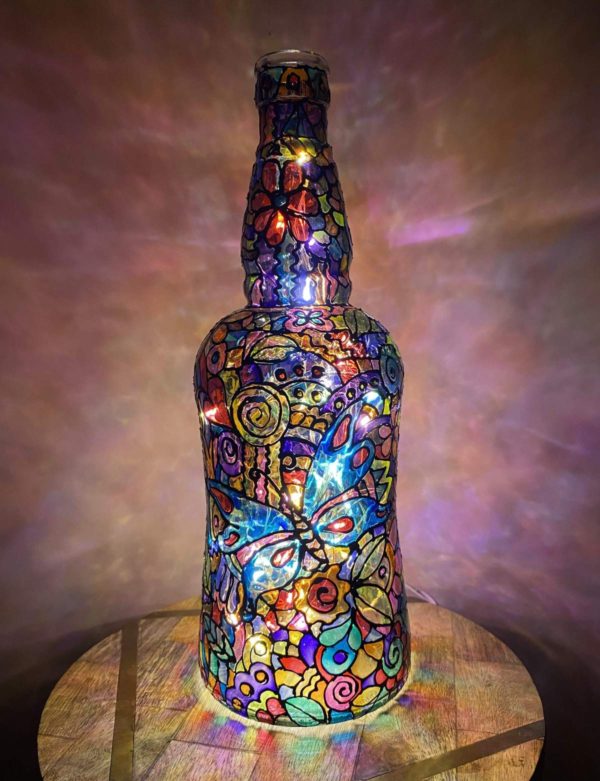 Hand-painted-glass-bottle-lamp-colourful-butterfly-design-1