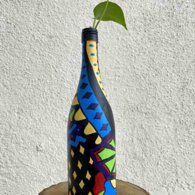 Hand-painted-glass-bottle-vase-multi-colored-design