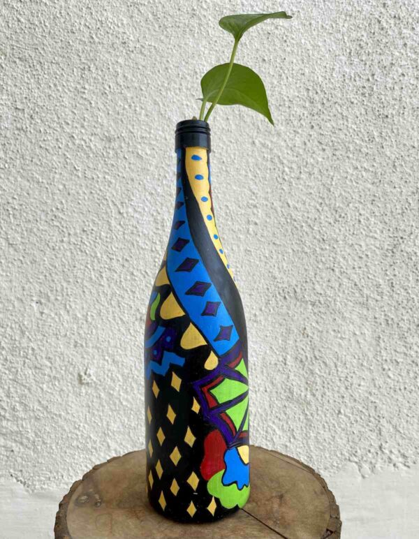 Hand-painted-glass-bottle-vase-multi-colored-design