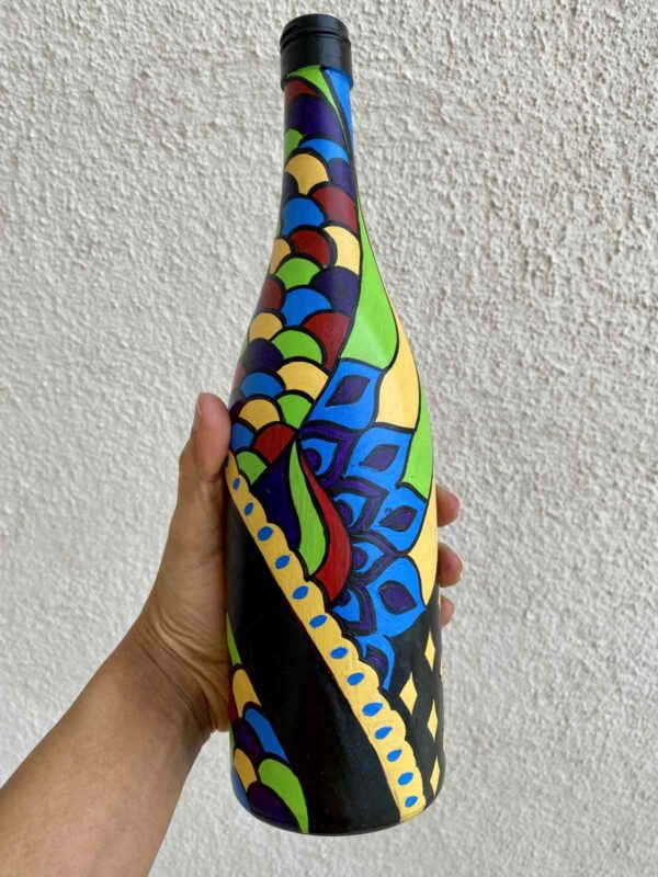 Hand-painted-glass-bottle-vase-multi-colored-design