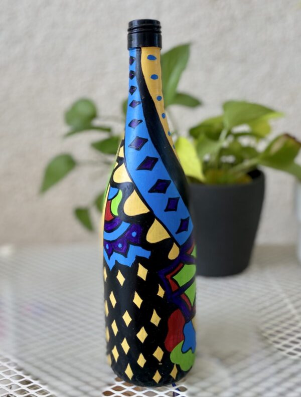 Hand-painted-glass-bottle-vase-multi-colored-design