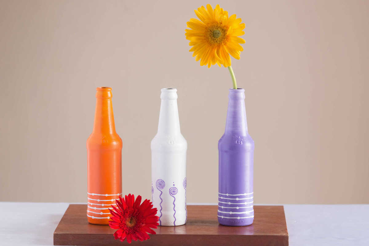 Hand Painted Glass Bottle Vases - Orange White Purple | imagicArt