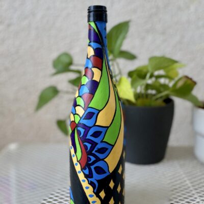 Hand-painted-glass-bottle-vase-multi-colored-design