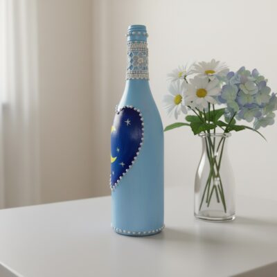 Hand painted recycled Blue Bottle Vase with beads
