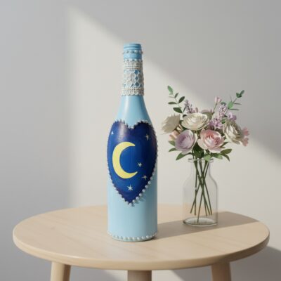 Hand painted recycled Blue Bottle Vase with beads